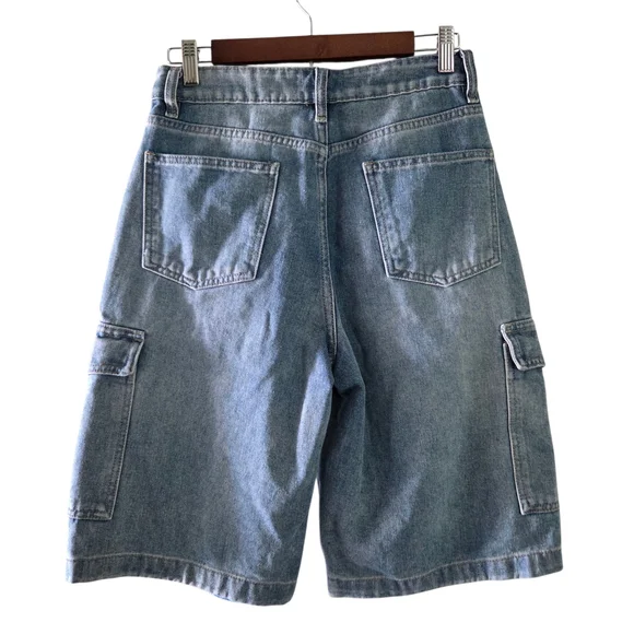 RISE Denim Cargo Shorts Women’s Sz 7 Light Blue Y2K Utility Carpenter Style - Picture 2 of 10